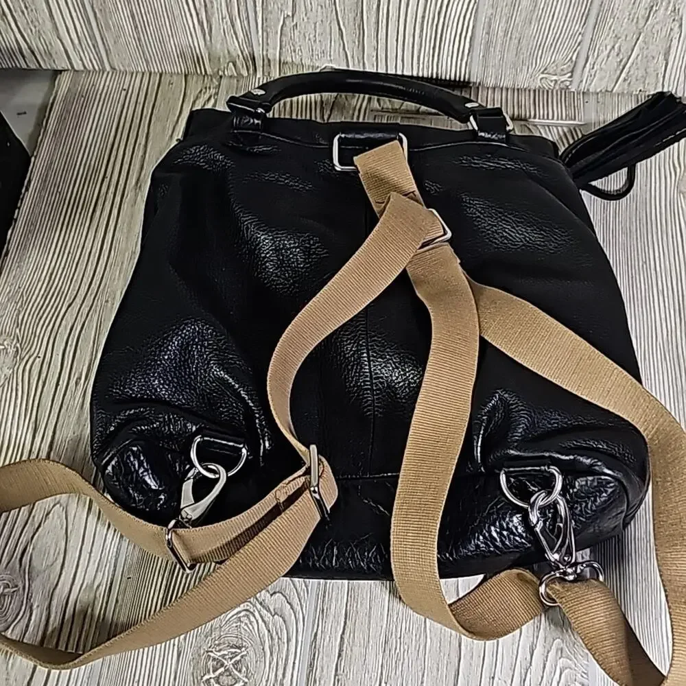 Margot Black Leather Zipper Flap Hobo Backpack Khaki Straps